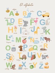 Obraz premium Colorful Spanish alphabet for kids, animal poster for learning Spanish, Spanish alphabet, colorful alphabet with animals