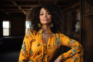 Fototapeta premium Confident young woman posing in a bright floral dress