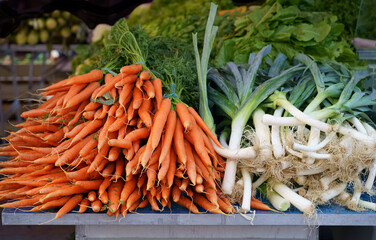 Nice. French market. bunches of young fresh carrots with green onions on the counter of a local market