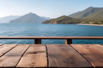 Wooden table on the background of the sea, island and the blue sky