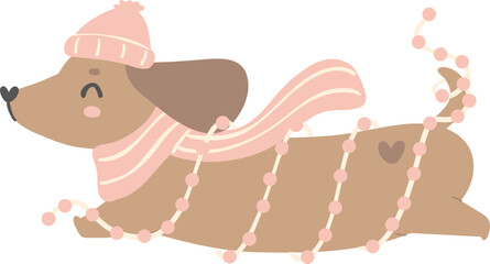 Cute Dachshund Christmas, Pink Christmas Animal cartoon illustration - obrazy, fototapety, plakaty
