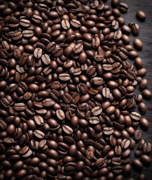 Coffee Beans Closeup On Dark Background. Ai image generative.