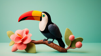 Handmade DIY figurine, cute crafted wool felt toucan sitting isolated on a blooming twig