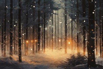A magical snowy forest with talking, glowing trees.
