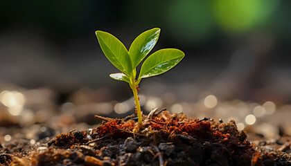 Fresh Green: Plant Seeds Sprouting from Soft Soil and Growing Under Gentle Sunlight