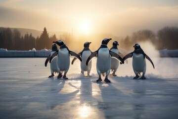 Ice skating penguins on a frozen pond. - obrazy, fototapety, plakaty