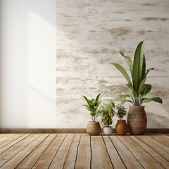 Wood floor with plant and white brick wall
