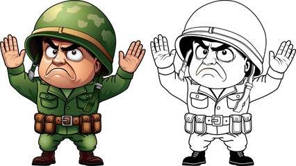 soldier in military uniform surrenders with raised hands