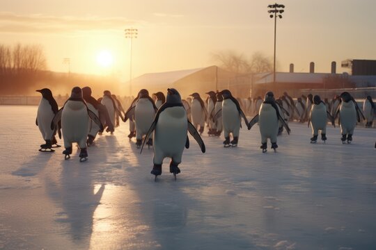 Ice skating penguins on a frozen pond.