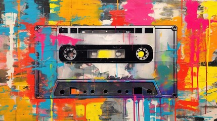 Generative AI, Grunge audio tape cassette, pop art graffiti, vibrant color. Ink melted paint street art on a textured paper vintage background	