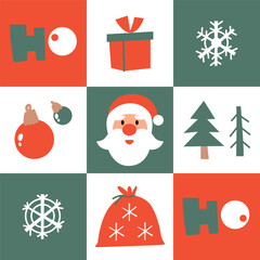 Seamless pattern for Christmas decor. Set of simple Christmas elements. Flat graphics. Vector illustration. New Year holidays. Portrait of a Santa.  Decorations for the Christmas tree with gifts.