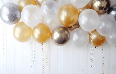 white, silver and golden balloon with glitter on white wooden floor for holiday birthday card decor soft light top view