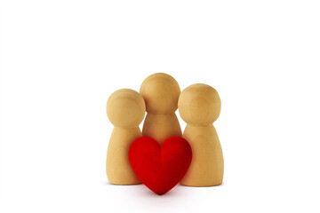 Group of wooden pawn with heart on white background - Concept of love and care