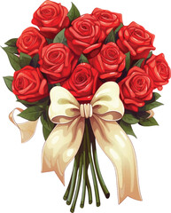 A bouquet of red roses with a bow, in the style of colored cartoon style, ivory on white background