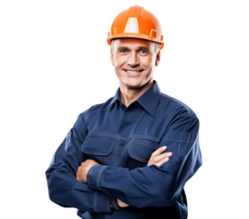 portrait of arms crossed male engineer showing pride in his profession or job isolated on a transparent background, a professional chief engineer, contractor, or architect photo PNG 