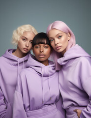 Three girls different hair colors in cotton coaches light purple.