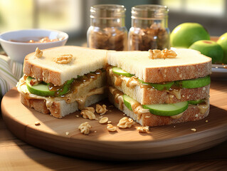 A useful breakfast, sandwiches with peanut butter, green apples on wooden table. Generative Ai