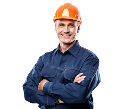 recommend clip art: portrait of arms crossed male engineer showing pride in his profession or job isolated on a transparent background, a professional chief engineer, contractor, or architect photo PNG 