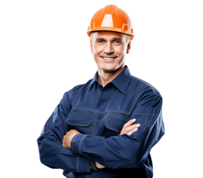 portrait of arms crossed male engineer showing pride in his profession or job isolated on a transparent background, a professional chief engineer, contractor, or architect photo PNG 