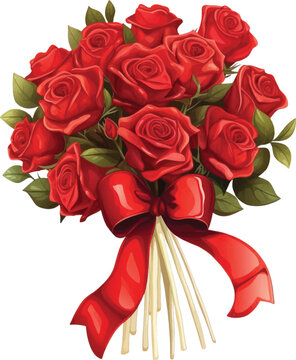 A bouquet of red roses with a bow, in the style of colored cartoon style, ivory on white background