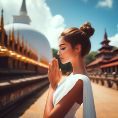 A beautiful young woman dressed in white worshiping