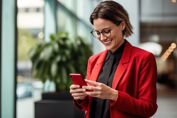 Portrait of talented, successful female employee, entrepreneur waiting for client outdoor, holding mobile phone, messaging client, smiling satisfied, look confident