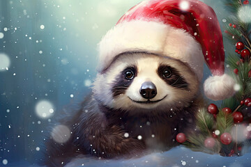 Fototapeta na wymiar adorable baby panda bear with santa claus hat, magical christmas illustration with copy space