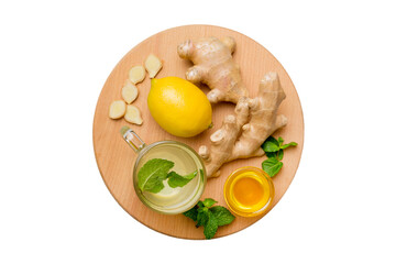 Natural cold and flu home remedies. Natural ingredients for immunity stimulation and viruses protection. top view flat lay isolated on white background