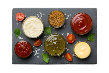 Many different sauces and herbs isolated on white background, flat lay top view. sauces on plate, healthy concept