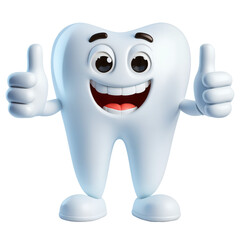 Smiling cartoon tooth character, showing thumbs up, 3d style, isolated, transparent PNG