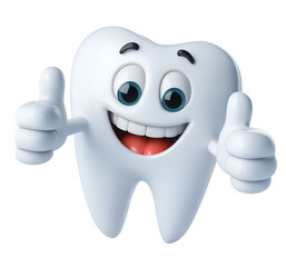 Smiling cartoon tooth character, showing thumbs up, 3d style, isolated, transparent PNG