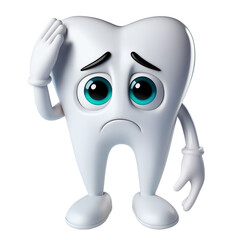 Sad cartoon tooth character with cracks and caries, 3d style, isolated, transparent PNG