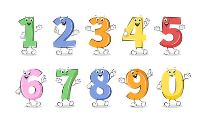 Set of cute and funny colorful number math symbols in cartoon style. One, two, three, four, five, six, seven, eight, nine, zero. Knowledge and education concept. Vector illustration for children desig