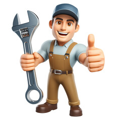 Smiling Auto Mechanic, cartoon 3d style character, showing thumbs up, isolated, transparent PNG.