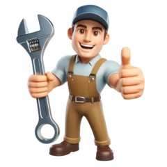 Poster Smiling Auto Mechanic, cartoon 3d style character, showing thumbs up, isolated, transparent PNG. © Maksim Kostenko