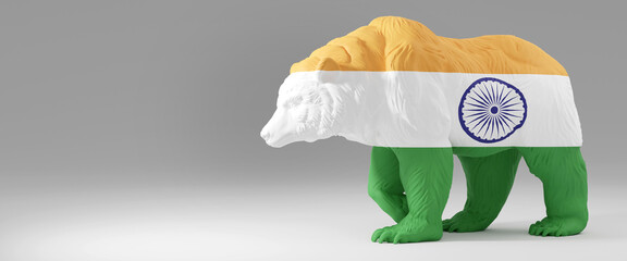 Horizontal banner of a bear with India flag on plain empty grey background. Presentation background image with copy space represents India bear stock market. 3d rendering
