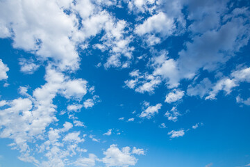 Fluffy clouds. Beautiful dramatic sunset sky above fluffy clouds in early morning from aerial drone view. Traveling by air. View from an airplane window. Aerial view of Malaysia.White clouds floating	