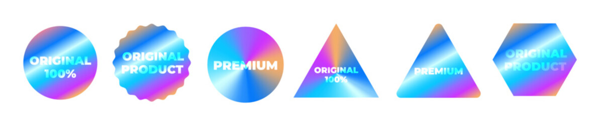 Hologram sticker, olographic labels for product guarantee set. Vector abstract illustration.