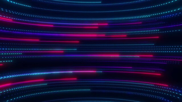 Animation of glowing lines or light stripes, high speed neon particle stream, large data stream, blue digital technology background, moving light particles, spatial communication network.seamless loop
