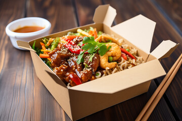Set of delivery asian food with rice, salads, sauces and meat. Generative AI