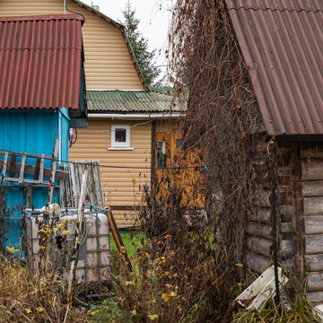 Old and new wooden house in a Russian village in autumn. Ondulin roofs.