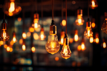 Decorative antique pendant light bulbs. A lot of not particularly bright lamps against a dark background. - obrazy, fototapety, plakaty