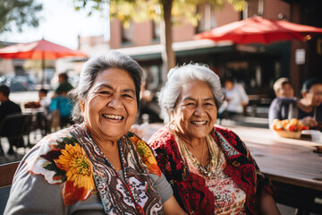 Two happy elderly latina indigenous women spending time together outdoors on a sunny day. - obrazy, fototapety, plakaty