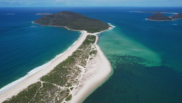 White-sand Beach By The Blue Sea - Mount Yacaaba - Yacaaba Headland In Myall Lakes National Park, NSW, Australia. - aerial shot