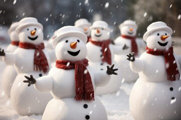 A choir of snowmen singing holiday tunes.