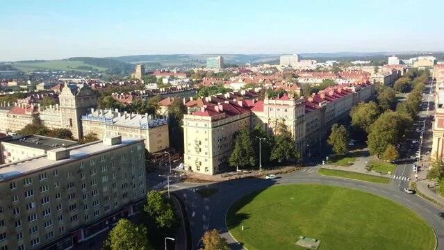 Built Structures In Socialist Realism Architecture In The City Of Ostrava In Czech Republic. aerial shot