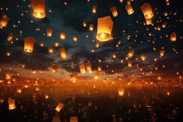 Flying lanterns shaped like ornaments lighting up the night.