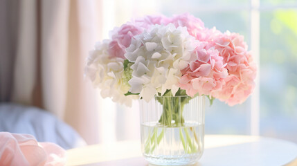 Beautiful bouquet of hydrangeas in a glass