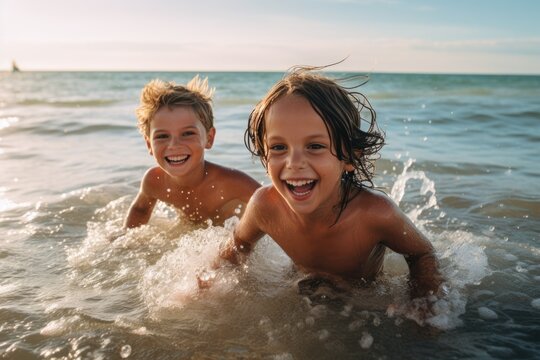 A Cute diverse boy and little girl running and splashing together in the ocean. AI Generated