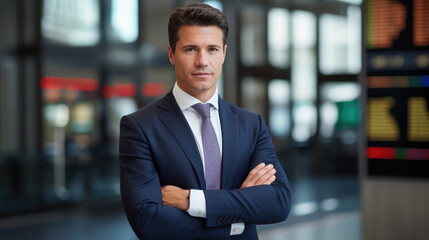 confident handsome businessman on the stock exchange, stylish man, guy, office, banker, work, financier, broker, investor, portrait, face, suit, financial sector, corporation, boss, director, manager